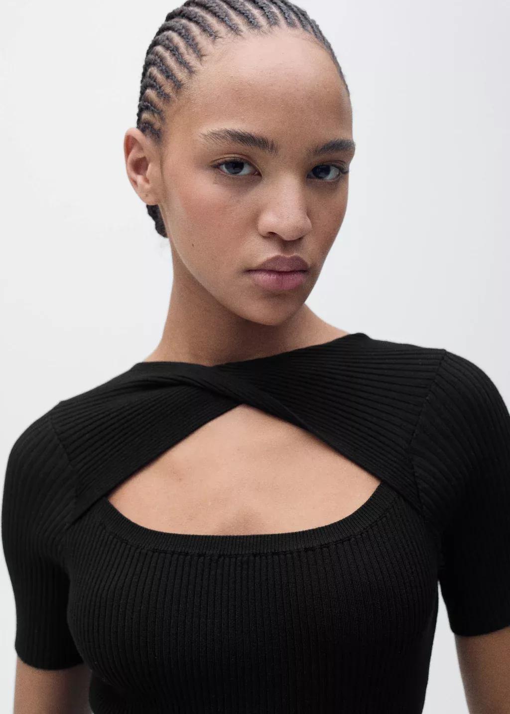 Black Ribbed Midi Dress With Slit Neckline, , large image number 1
