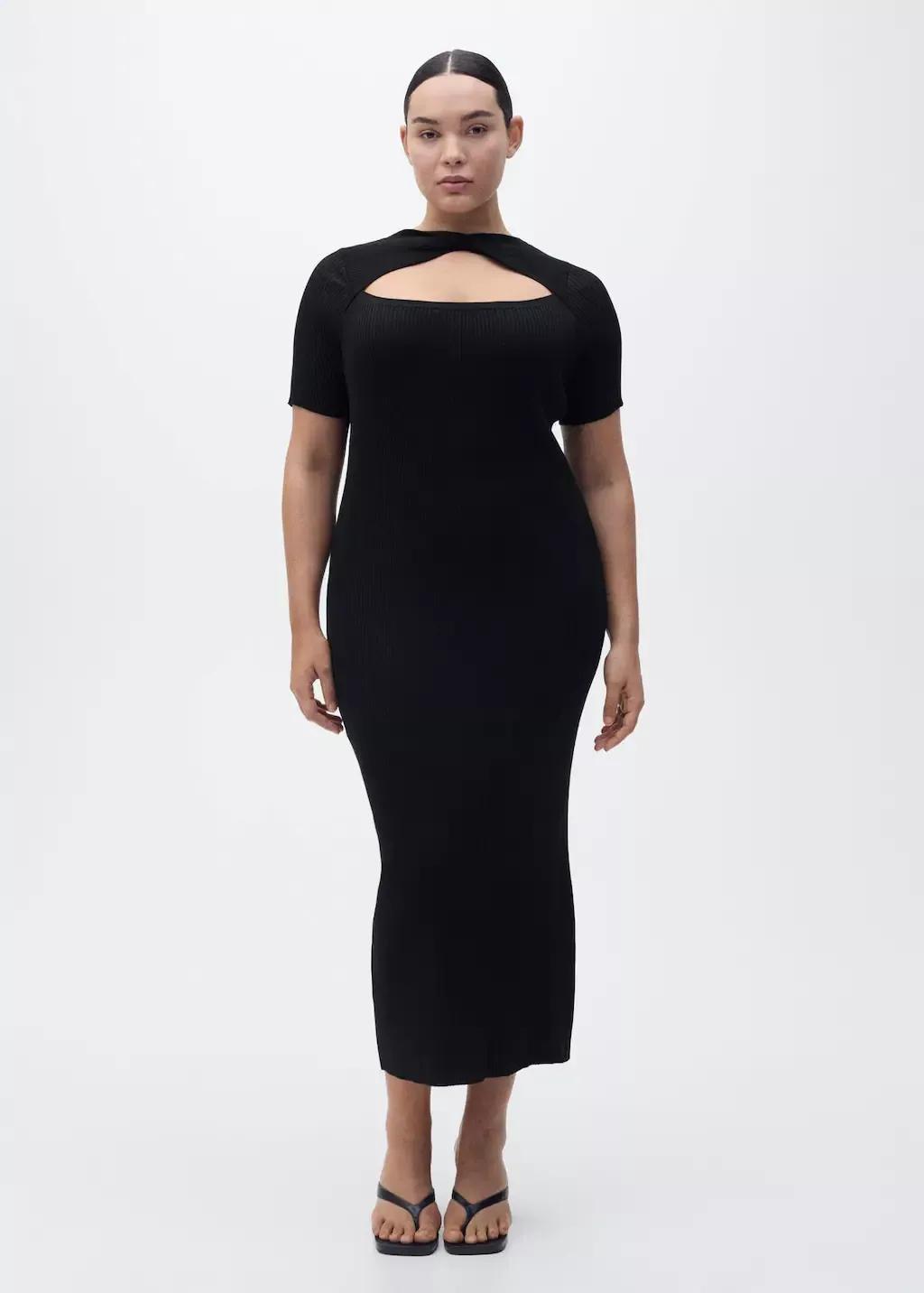 Black Ribbed Midi Dress With Slit Neckline, , large image number 5