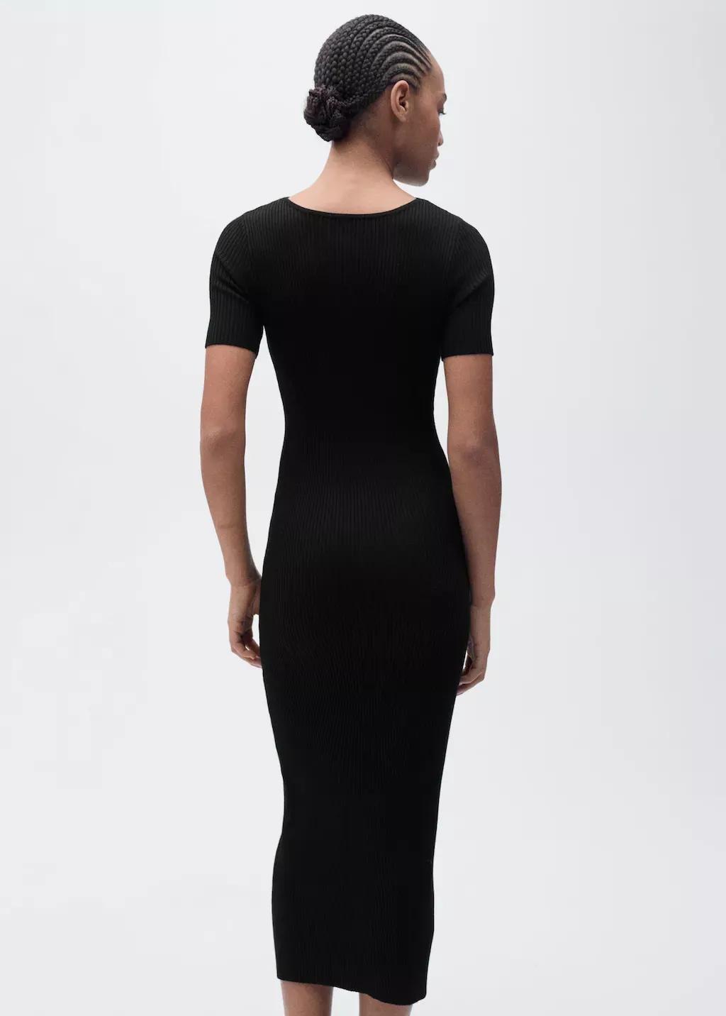 Black Ribbed Midi Dress With Slit Neckline, , large image number 6