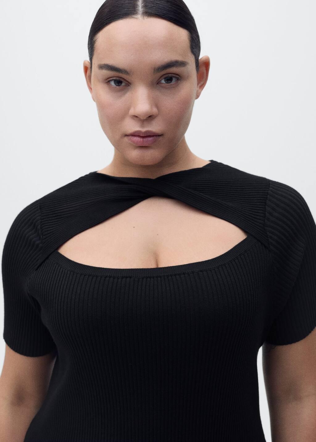 Black Ribbed Midi Dress With Slit Neckline, , large image number 7