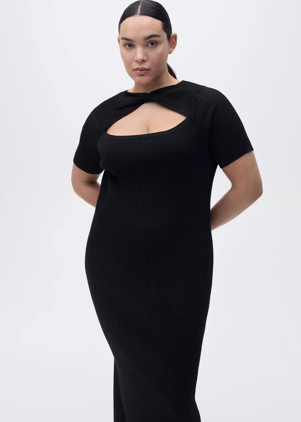 Black Ribbed Midi Dress With Slit Neckline, , large image number 8