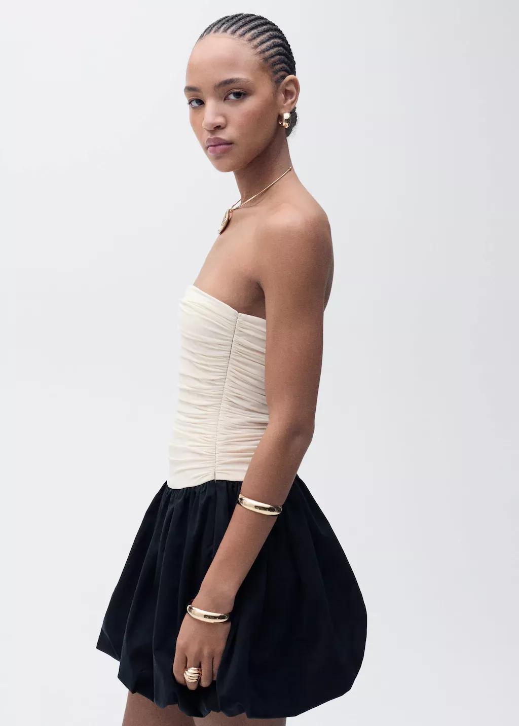 Beige Draped-Body Balloon Skirt Dress, , large image number 0