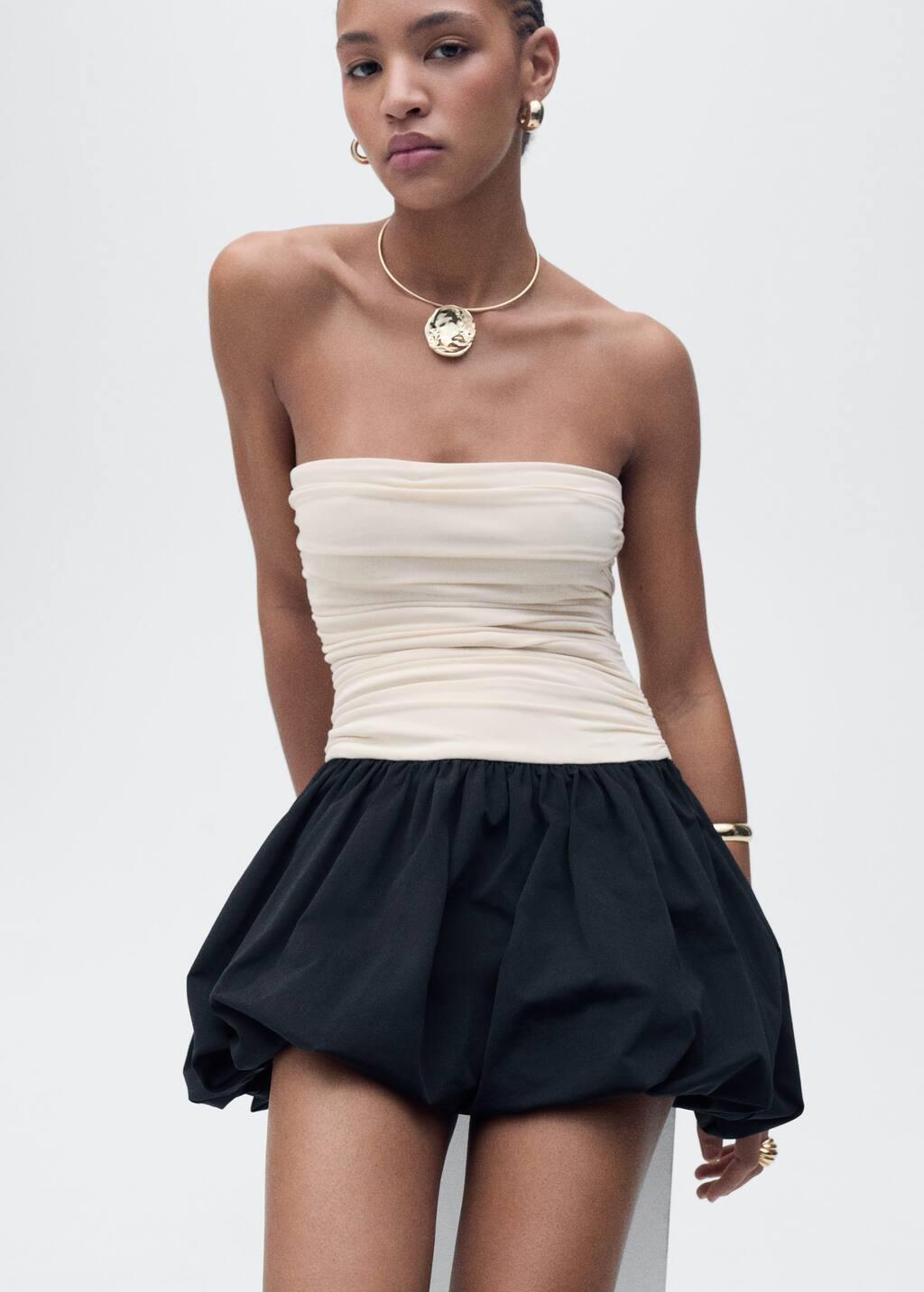 Beige Draped-Body Balloon Skirt Dress, , large image number 1