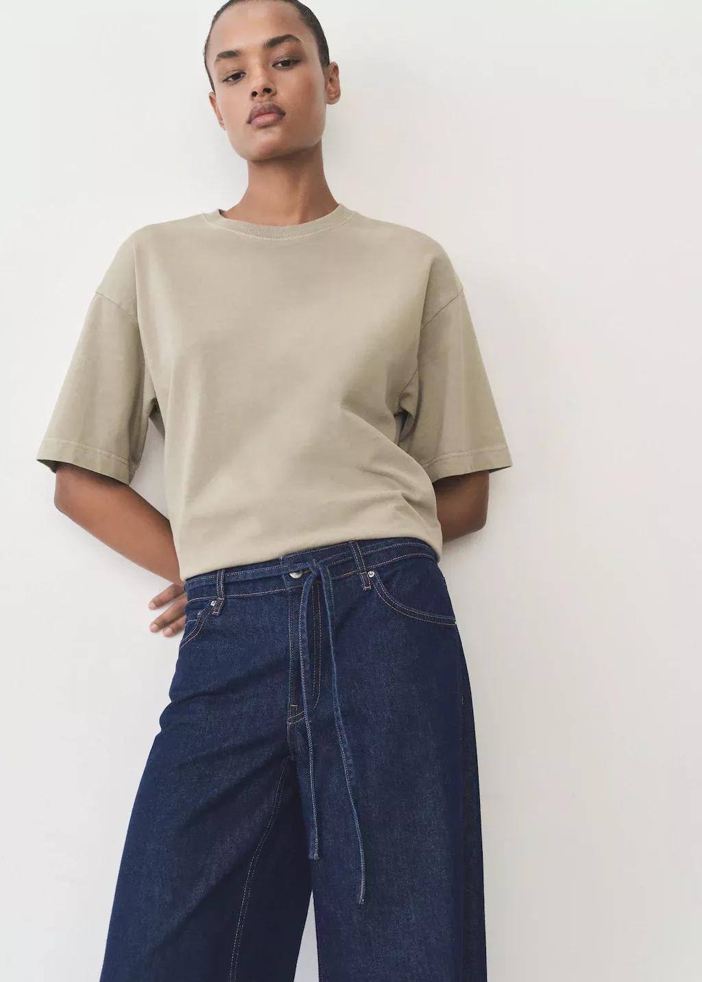 Blue Low Rise Wideleg Jeans With Belt, , large image number 1