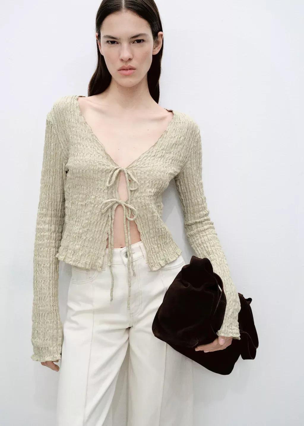 LT PASTEL GREY Cotton textured cardigan with bows, , large image number 0