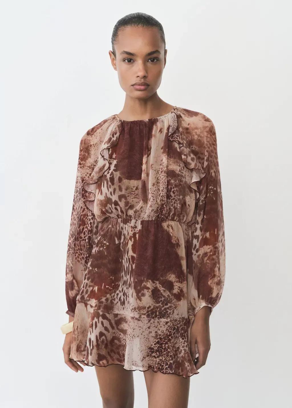 Brown Vestido Corto Estampado Volantes, , medium