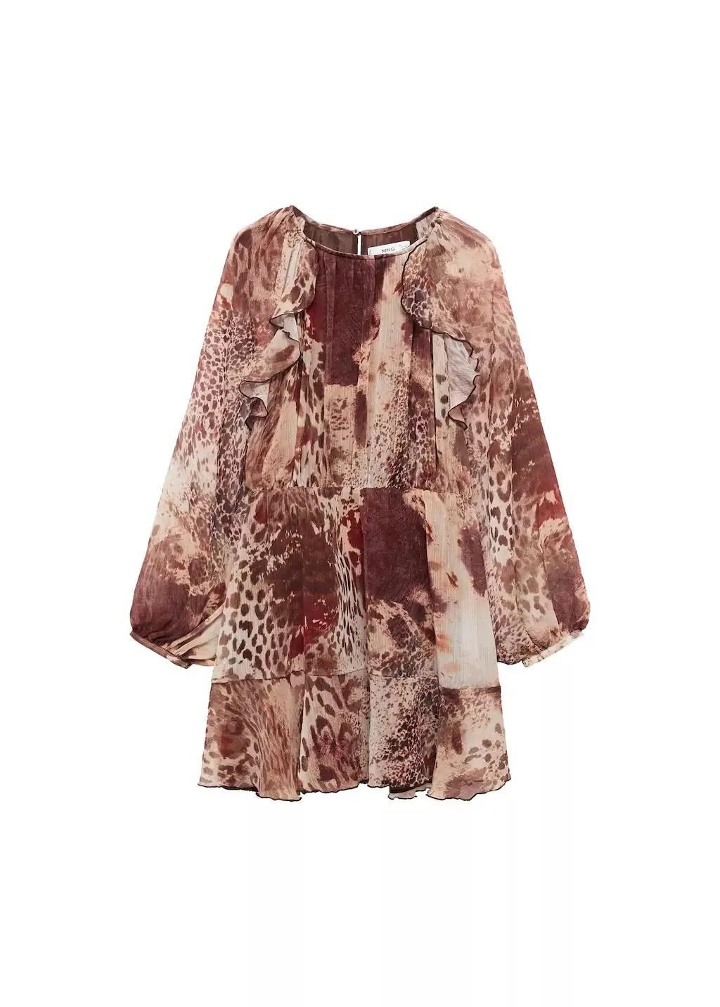 Brown Vestido Corto Estampado Volantes, , large image number 3