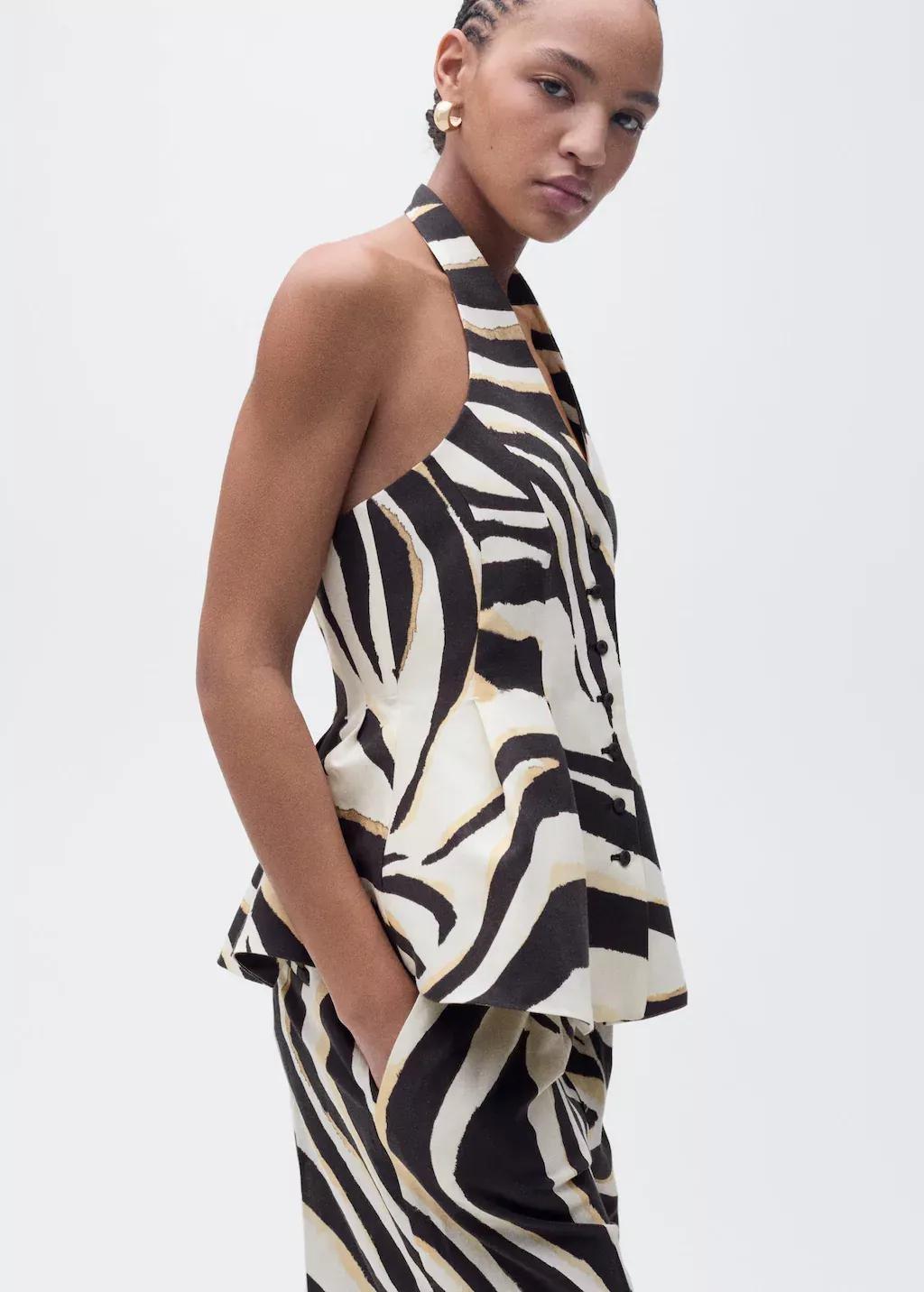 Beige Zebra-Print Linen-Blend Waistcoat, , medium