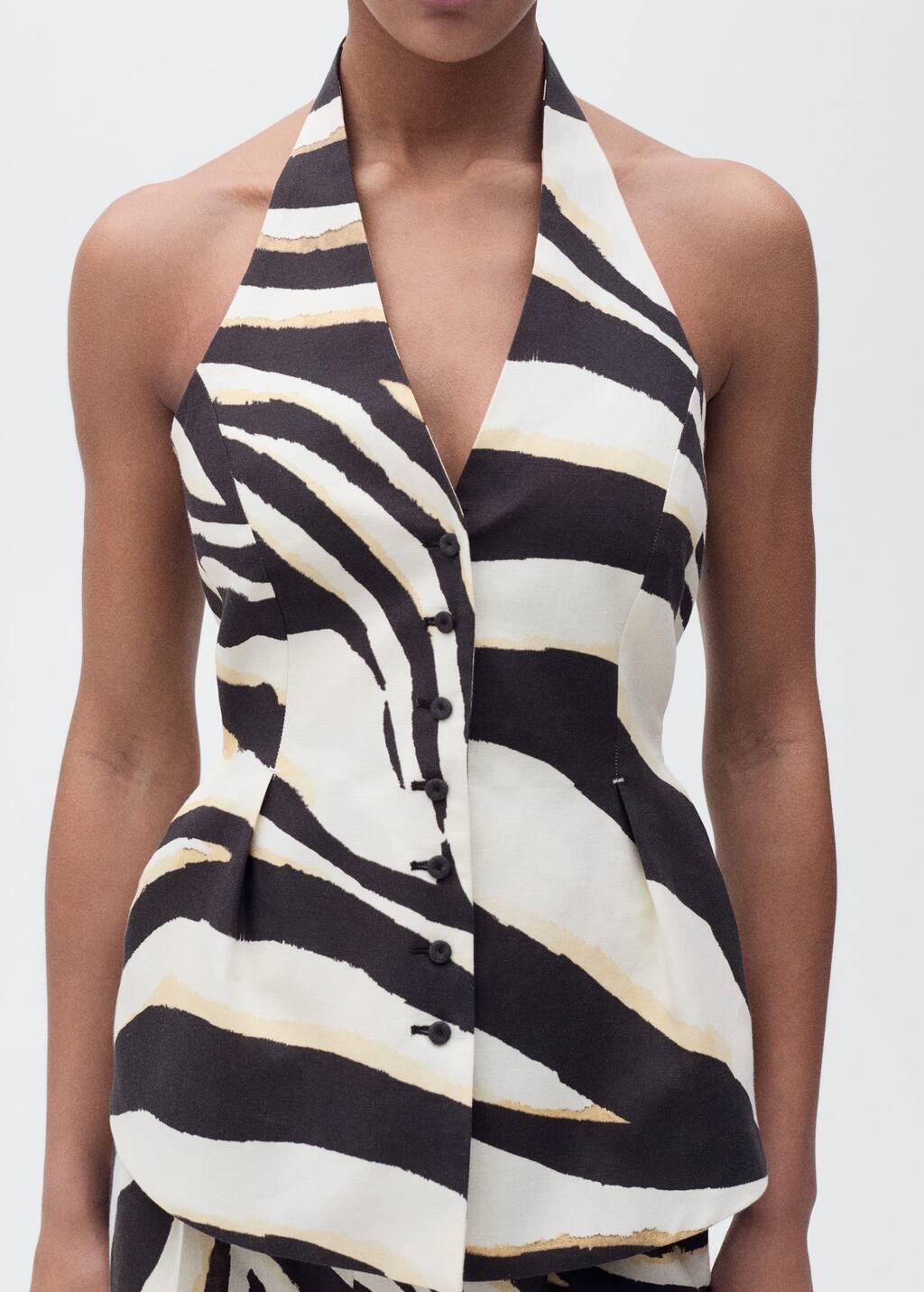 Beige Zebra-Print Linen-Blend Waistcoat, , large image number 2