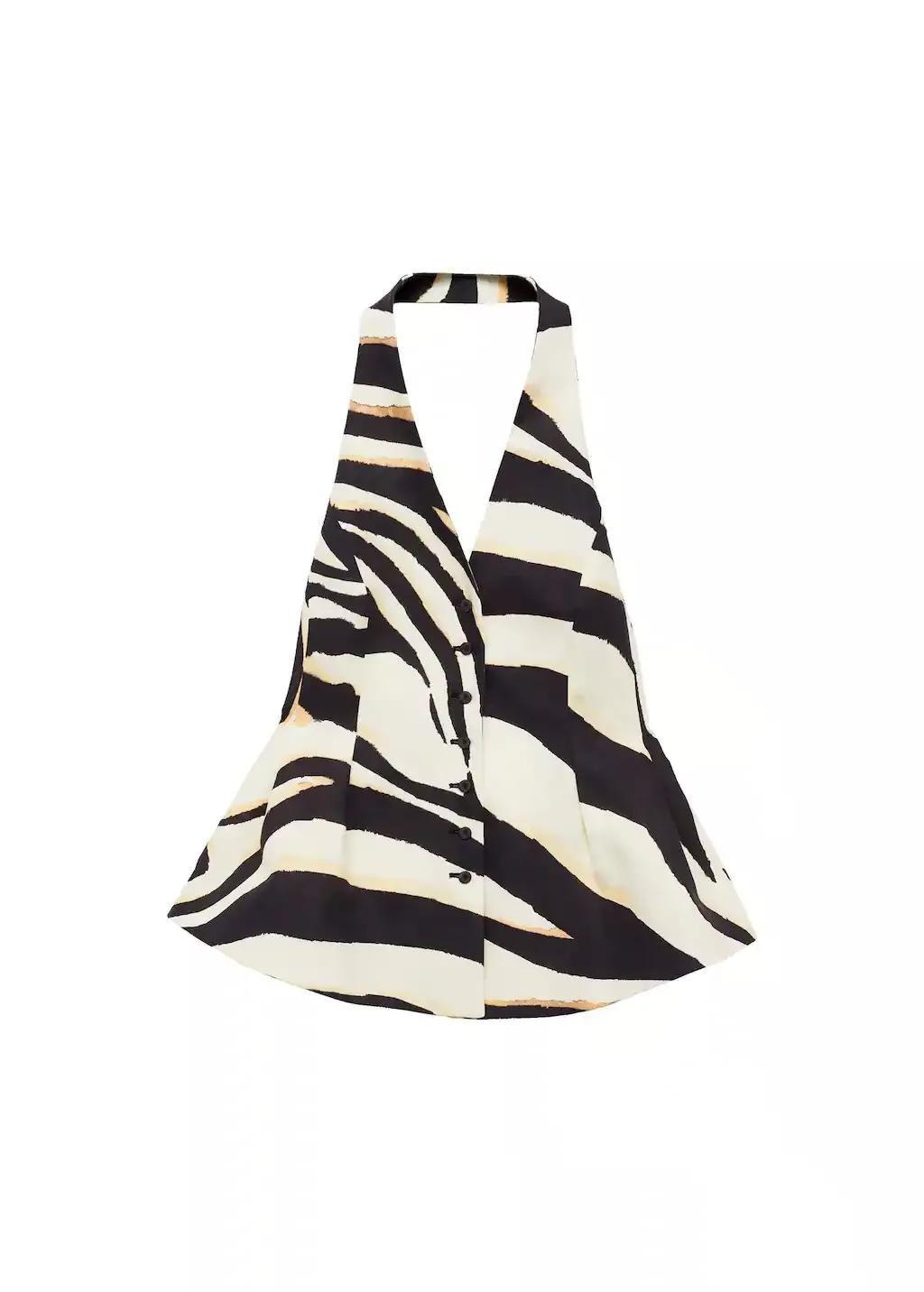 Beige Zebra-Print Linen-Blend Waistcoat, , large image number 3