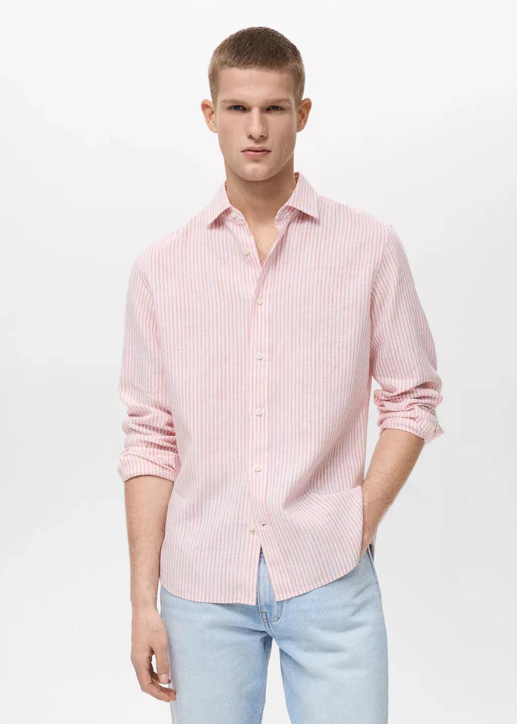 Pink Lt Pastel Regular Fit Striped Linen Shirt, , large image number 0