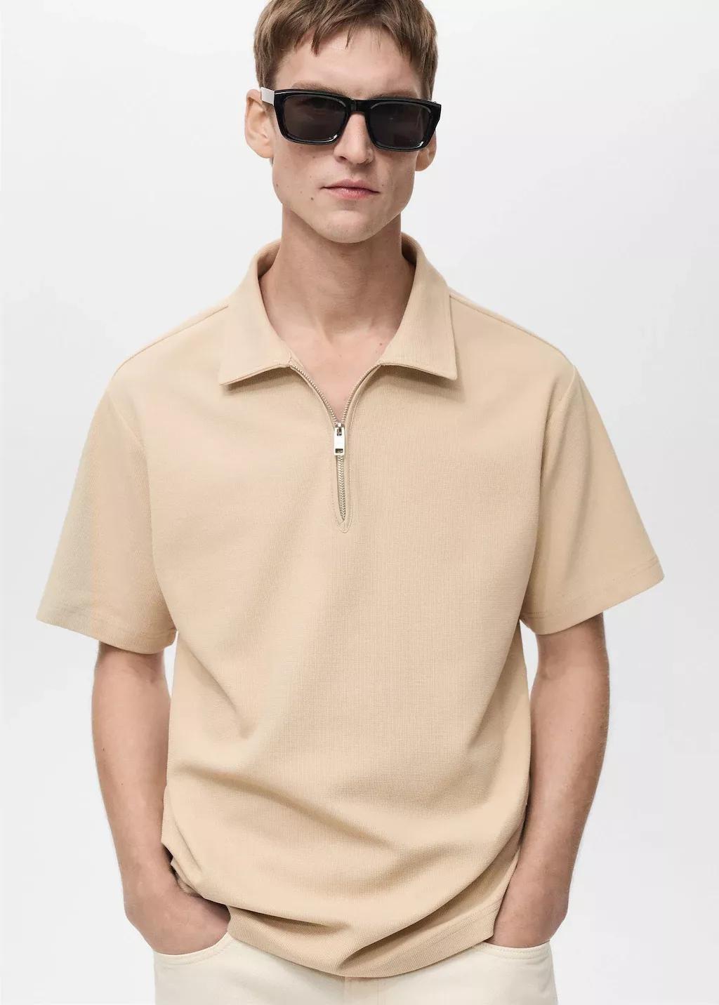 Beige Structured Polo Shirt With Zip Collar, , large image number 0