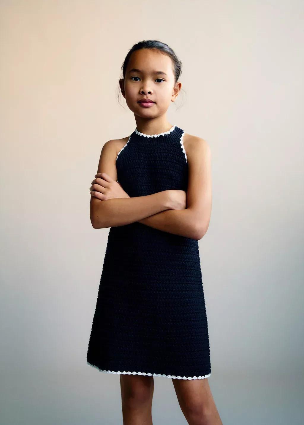Navy Contrast Ribbed Knit Dress, Kids Girl, , medium