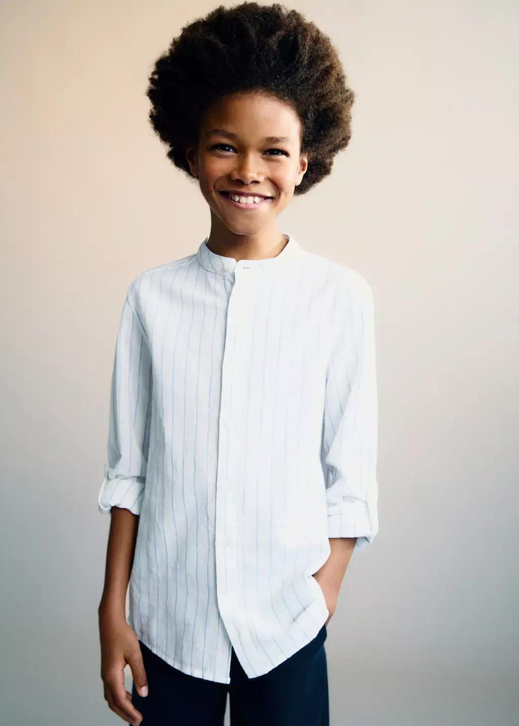 Blue Striped Mao Collar Shirt, , large image number 0
