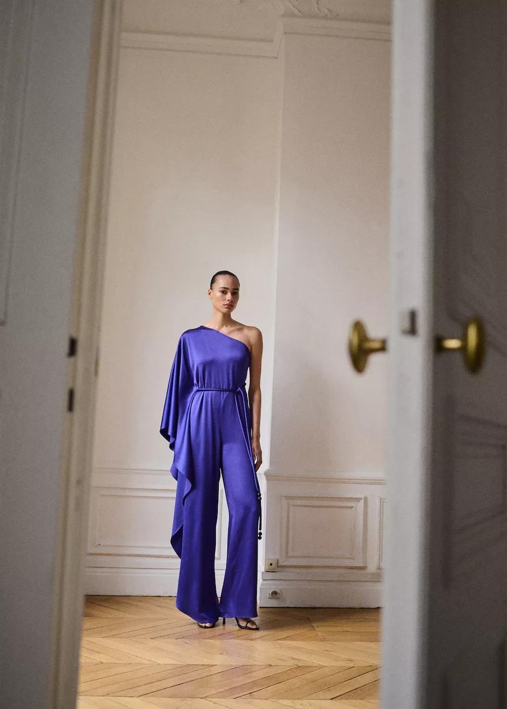 Blue Satin Maxi-Ruffle Jumpsuit, , large image number 1