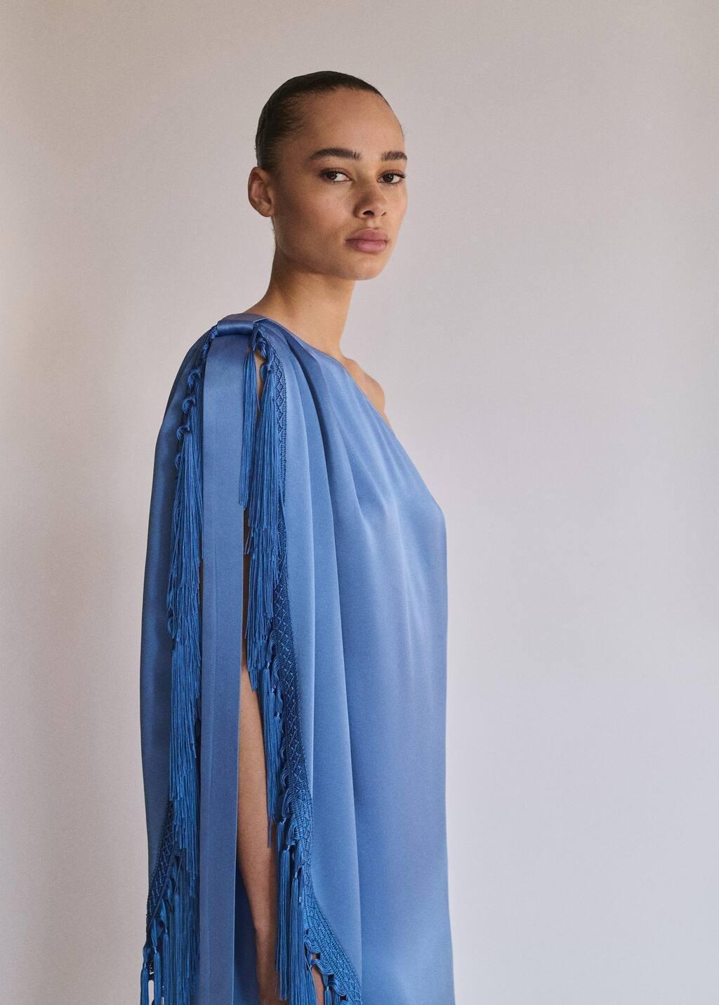 Blue Lt Pastel Asymmetrical Satin Dress With Fringes, , large image number 0