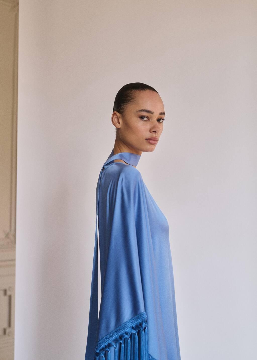 Blue Lt Pastel Asymmetrical Satin Dress With Fringes, , large image number 1
