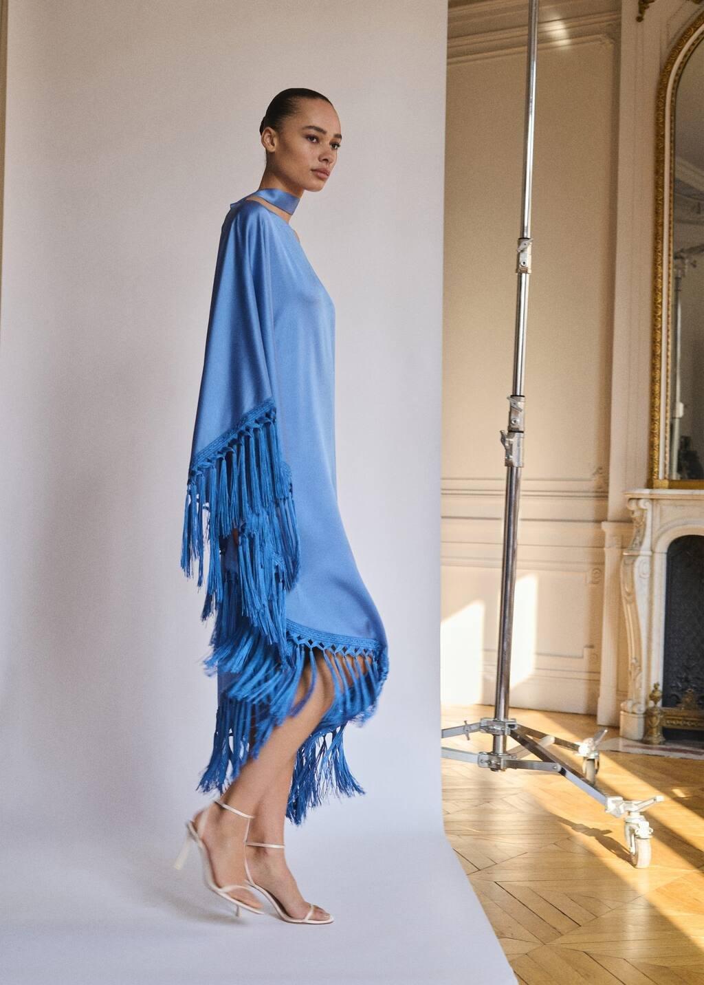 Blue Lt Pastel Asymmetrical Satin Dress With Fringes, , large image number 2