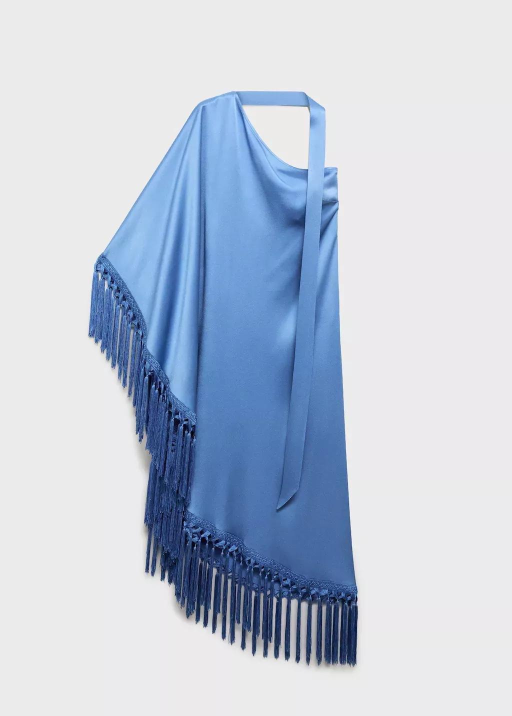 Blue Lt Pastel Asymmetrical Satin Dress With Fringes, , large image number 3