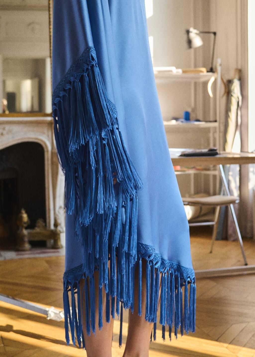 Blue Lt Pastel Asymmetrical Satin Dress With Fringes, , large image number 4