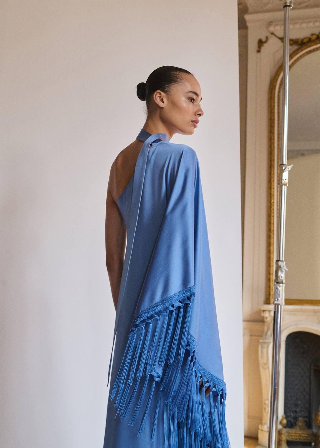 Blue Lt Pastel Asymmetrical Satin Dress With Fringes, , large image number 6