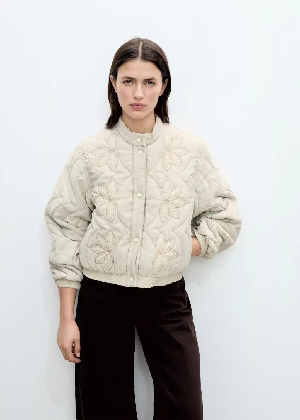 Grey Floral-Embroidered Padded Jacket, , large image number 0