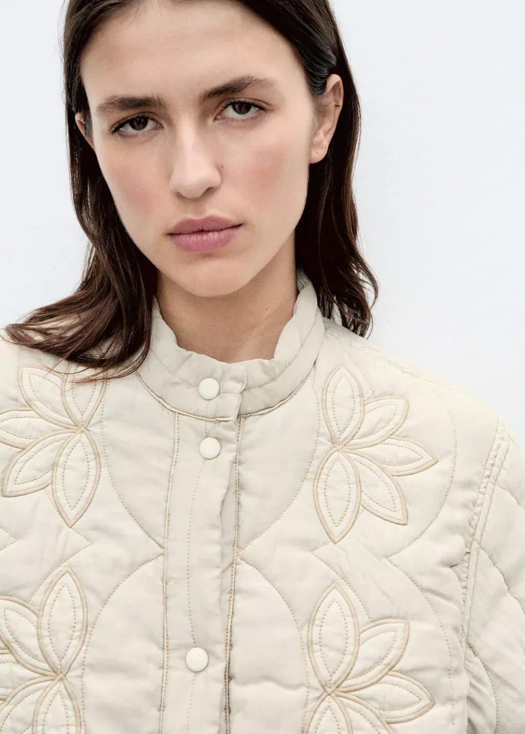 Grey Floral-Embroidered Padded Jacket, , large image number 1