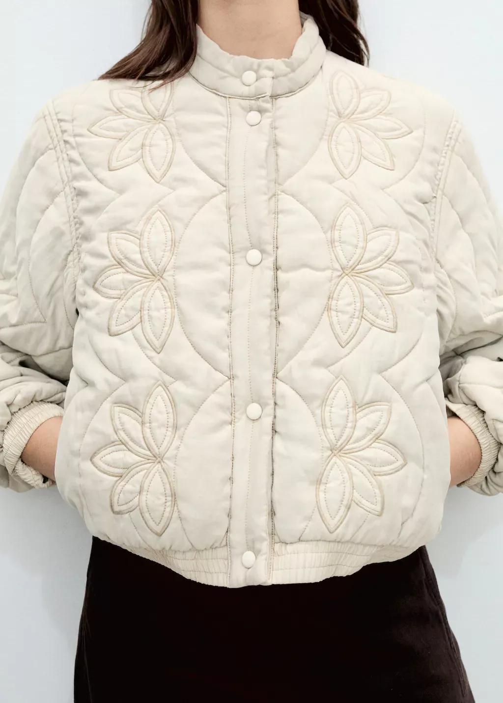 Grey Floral-Embroidered Padded Jacket, , large image number 4