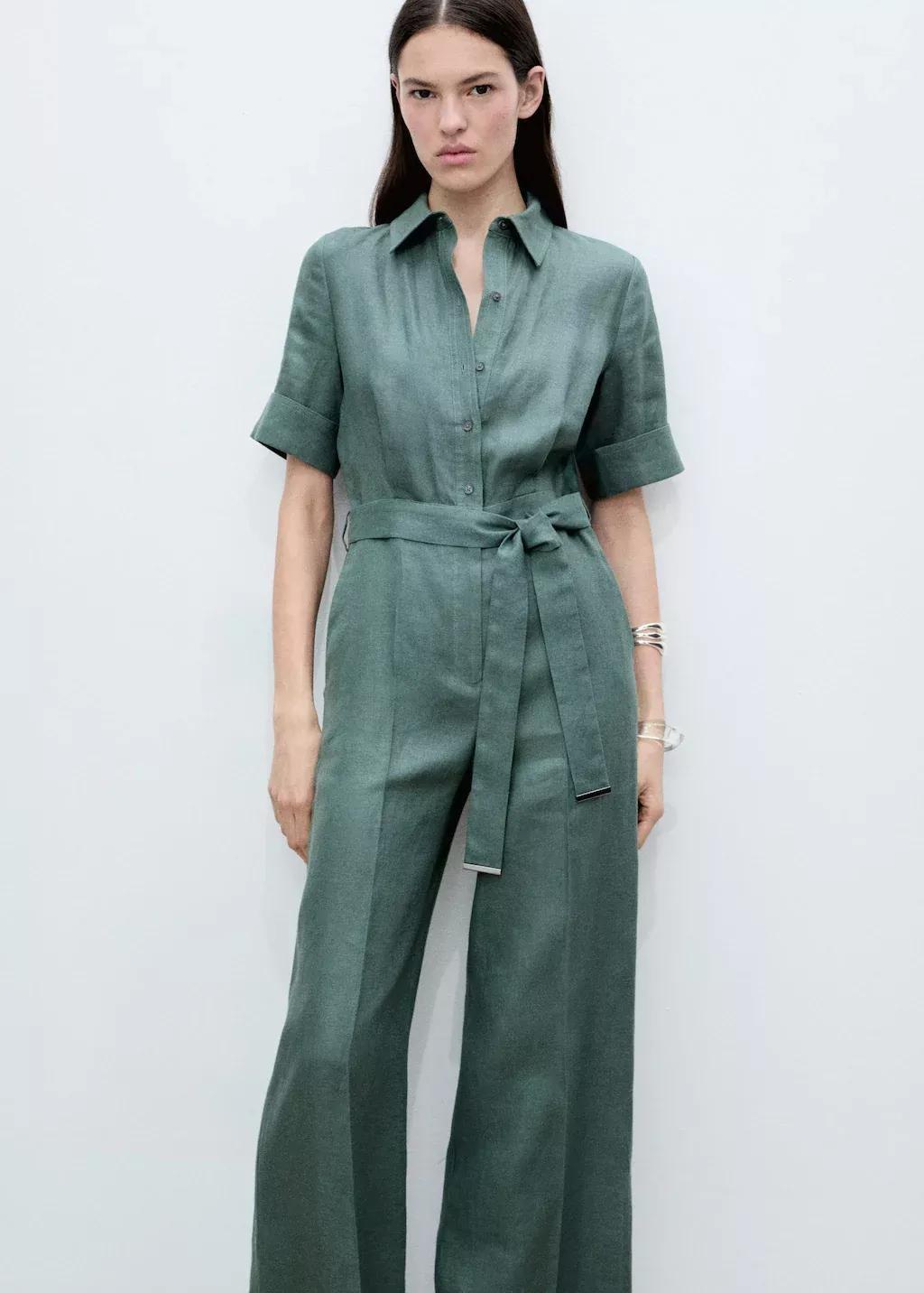 Green Linen Shirt Jumpsuit, , large image number 0