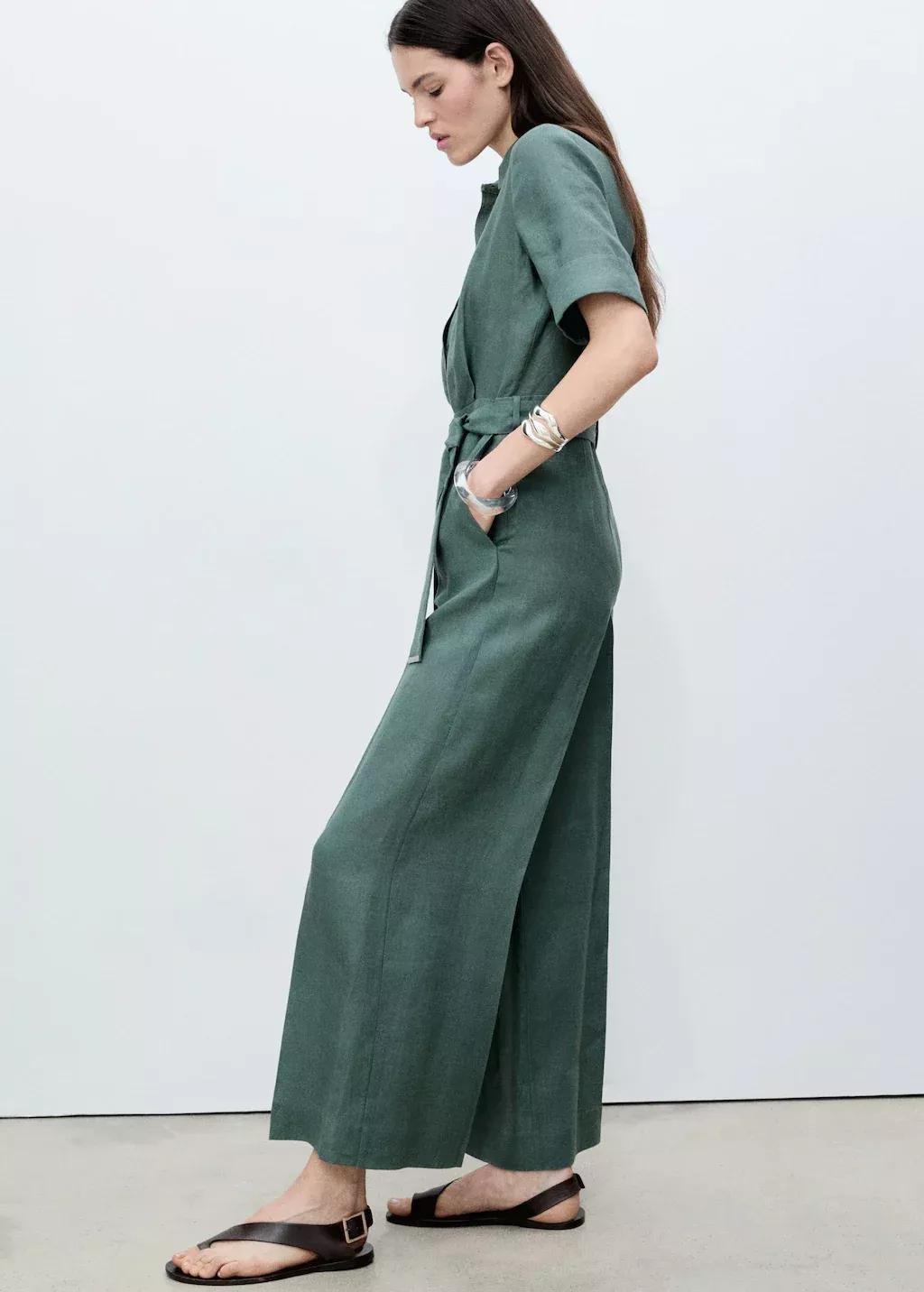 Green Linen Shirt Jumpsuit, , large image number 1
