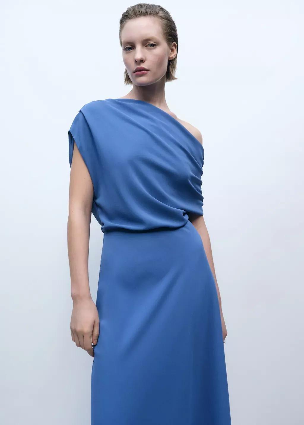Blue Asymmetrical-Neck Midi-Dress, , large image number 0