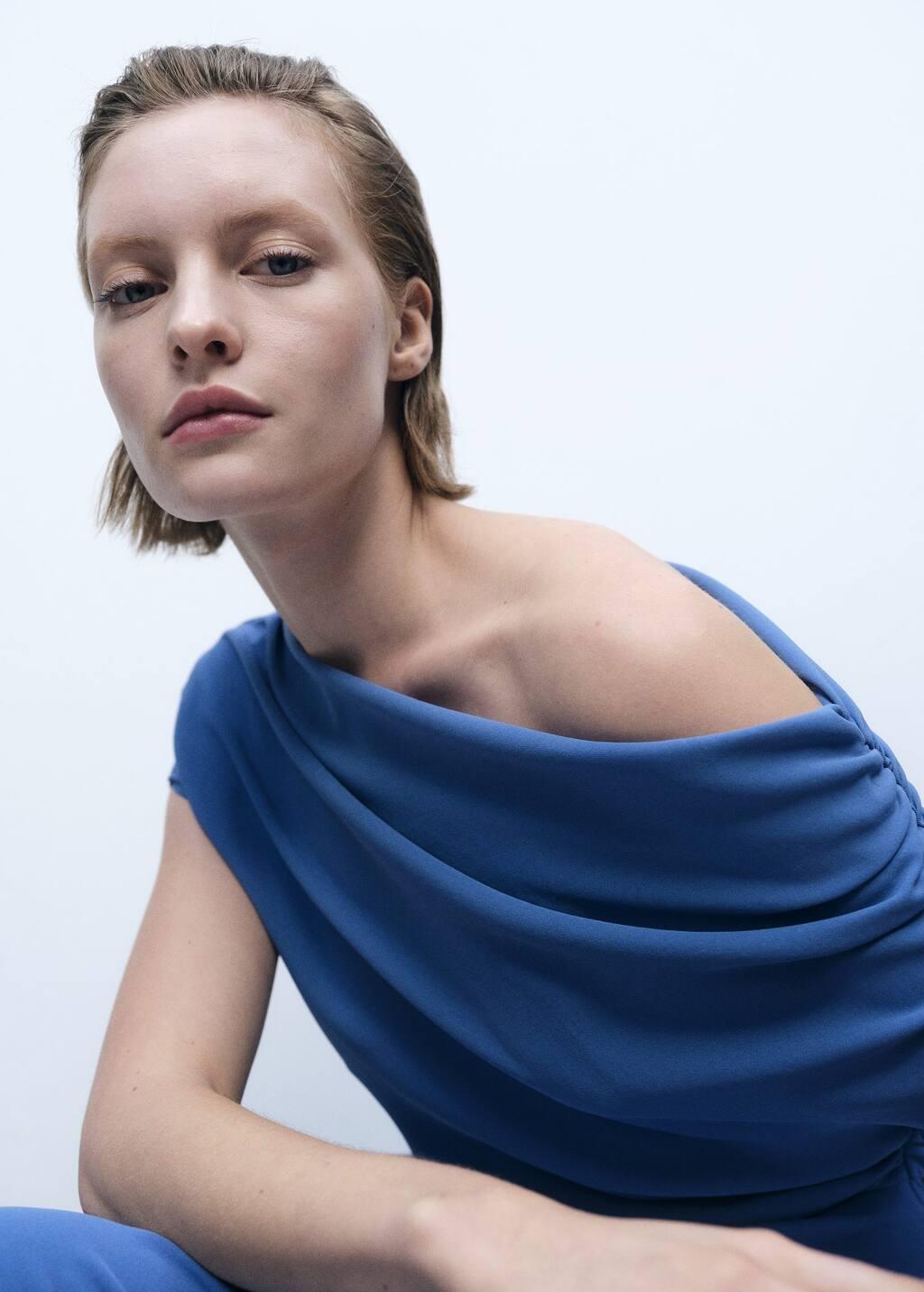 Blue Asymmetrical-Neck Midi-Dress, , large image number 1