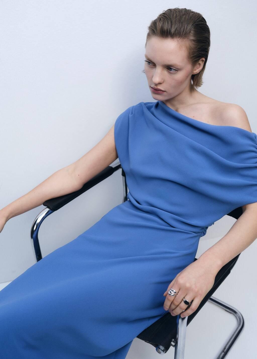 Blue Asymmetrical-Neck Midi-Dress, , large image number 2