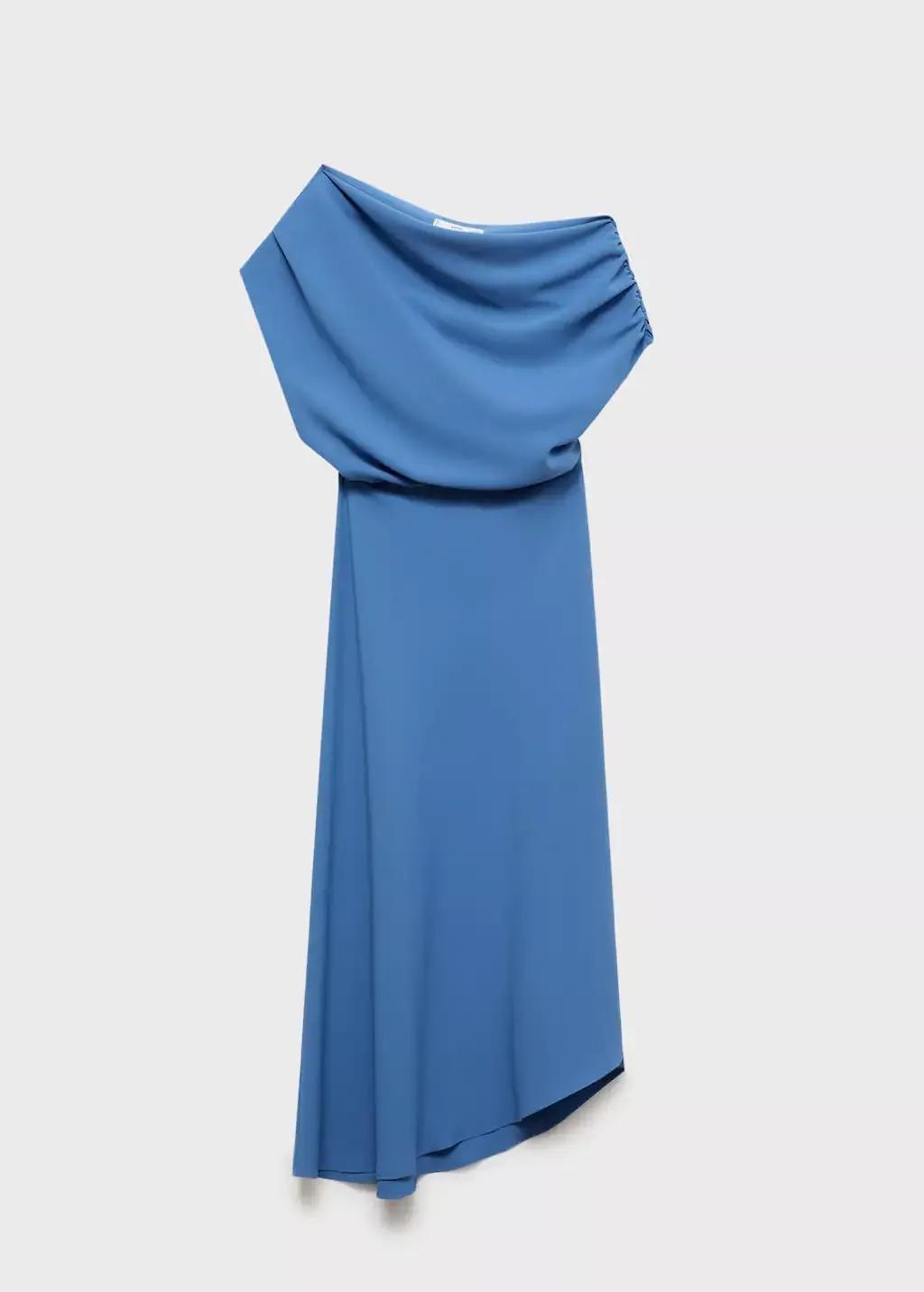 Blue Asymmetrical-Neck Midi-Dress, , large image number 3