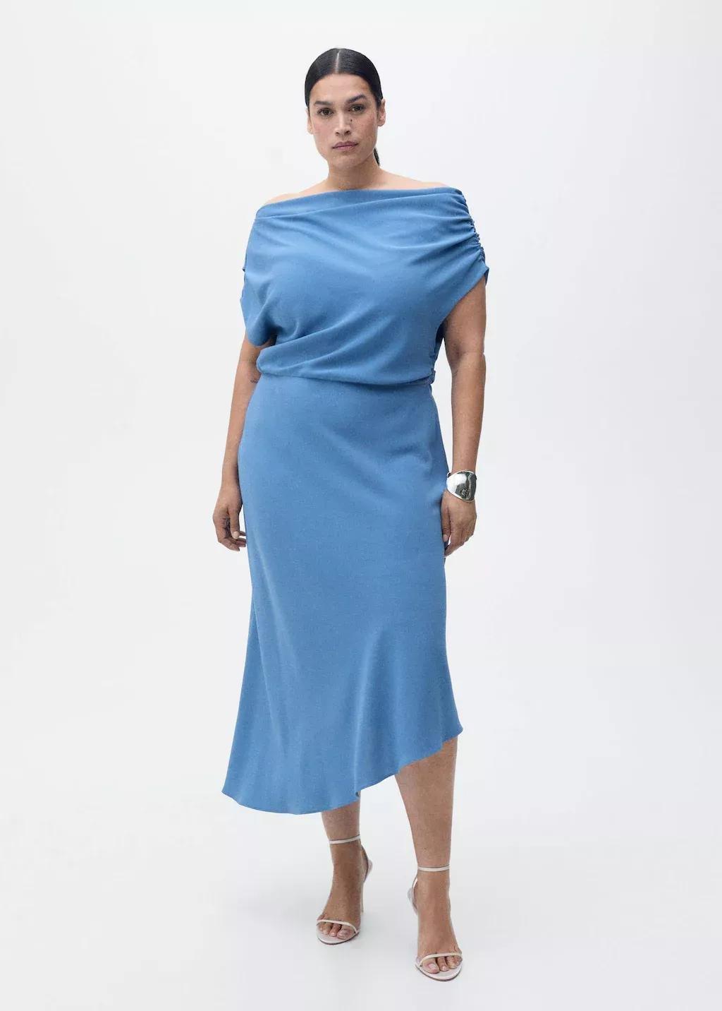 Blue Asymmetrical-Neck Midi-Dress, , large image number 4
