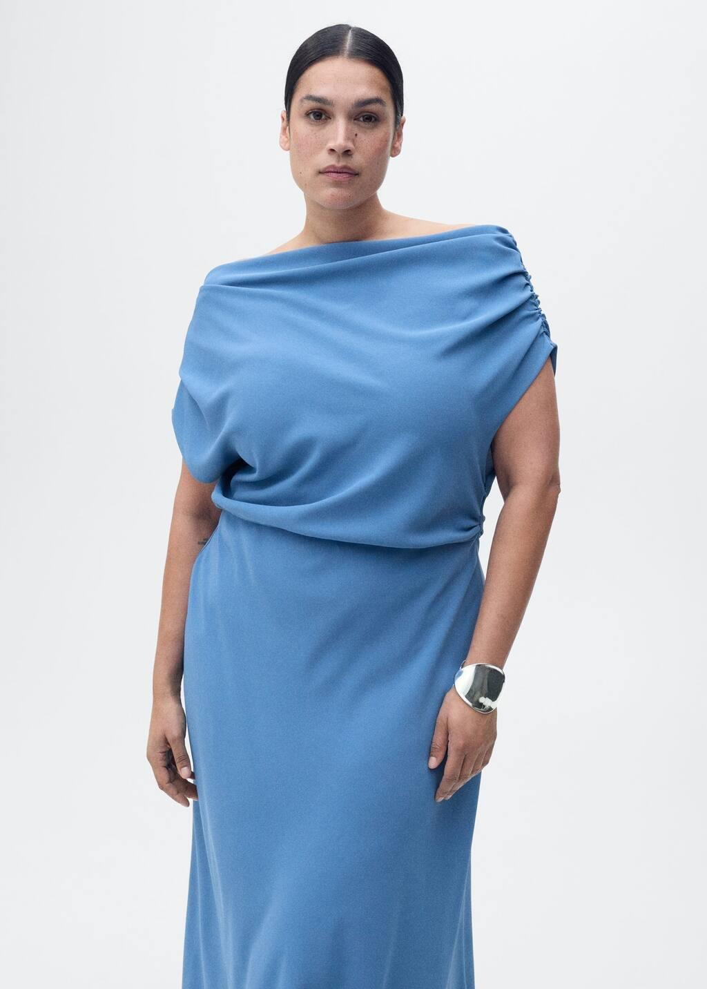 Blue Asymmetrical-Neck Midi-Dress, , large image number 6