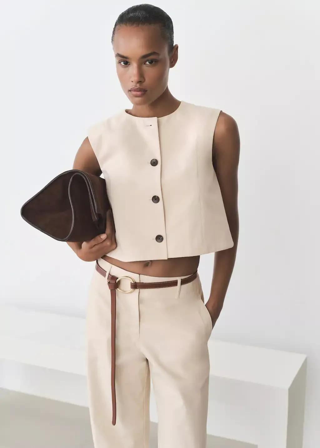 Beige Cotton Crop Top With Buttons, , large image number 0