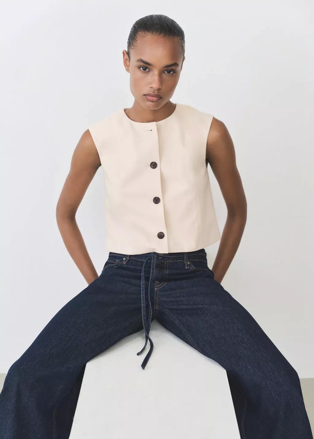 Beige Cotton Crop Top With Buttons, , large image number 2