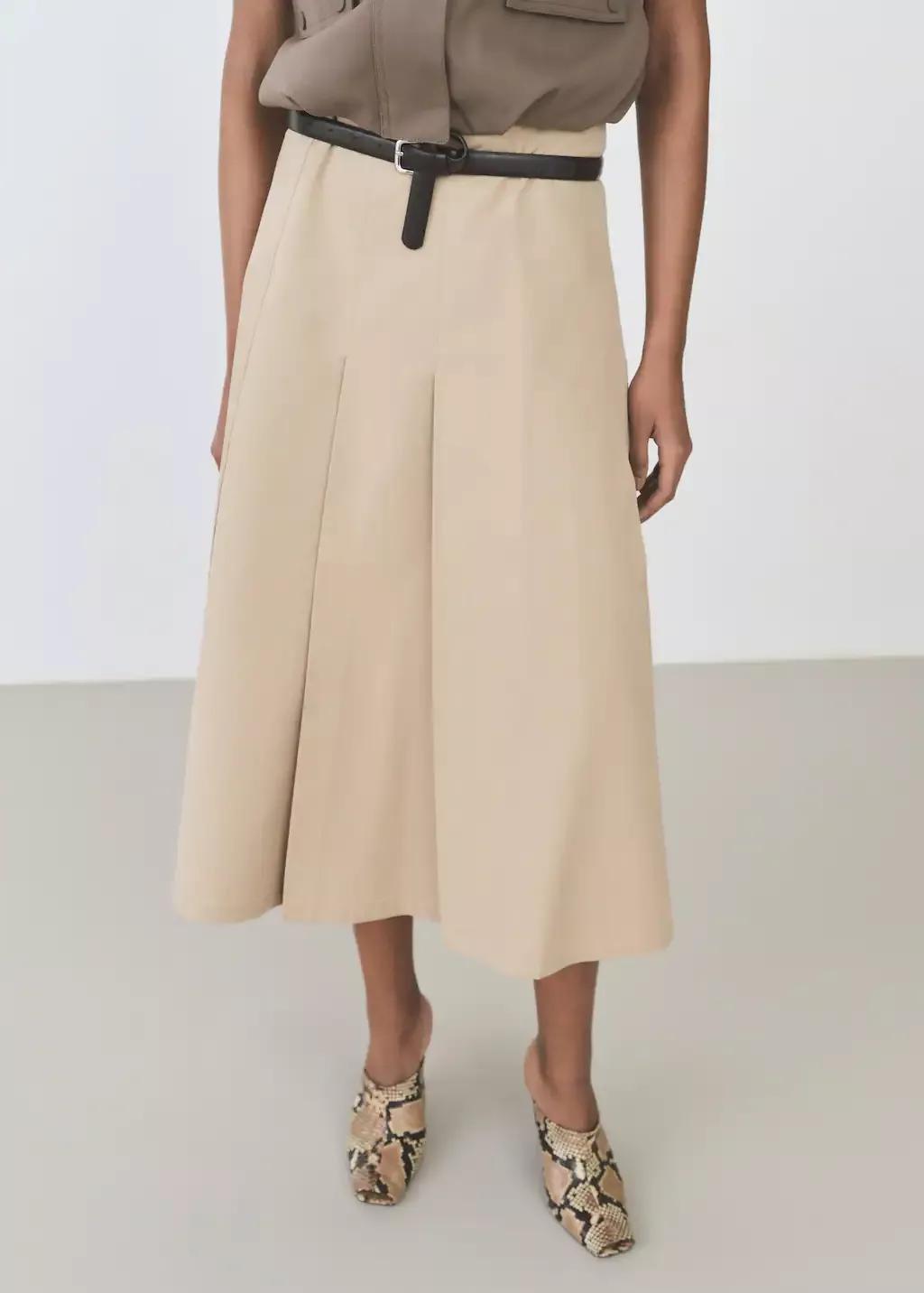 Brown Flared Skirt With Pleated Detail, , medium