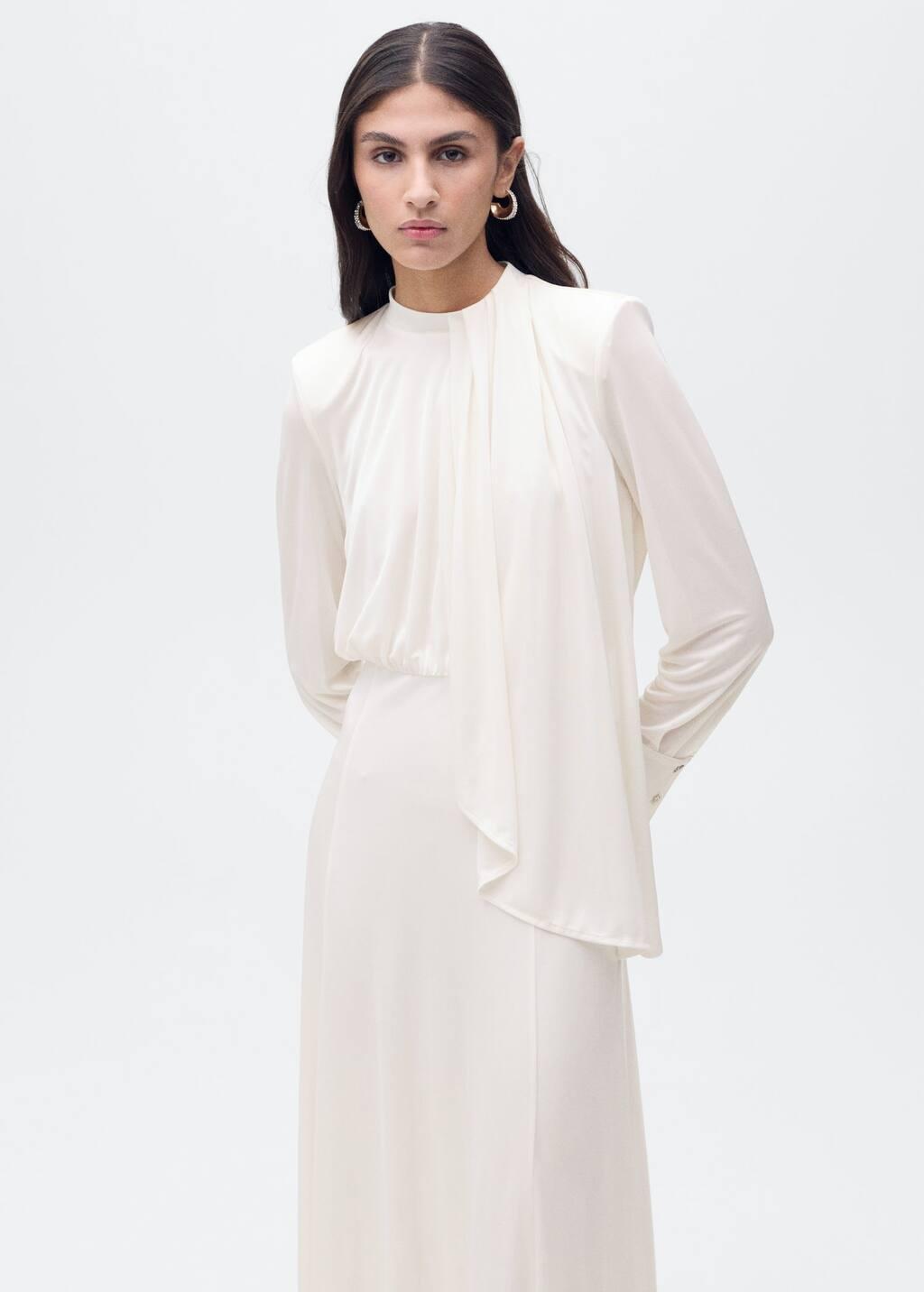 Beige Satin Ruffle-Neck Dress, , large image number 0