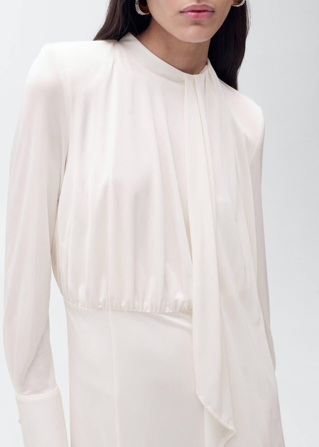 Beige Satin Ruffle-Neck Dress, , large image number 2