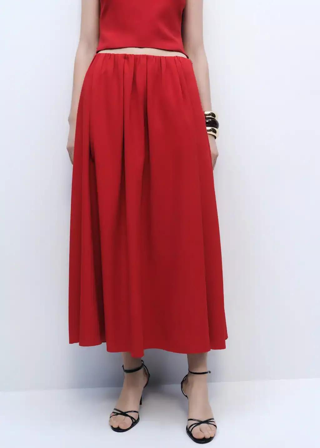 Red Long Skirt With Gathered Waist, , large image number 0