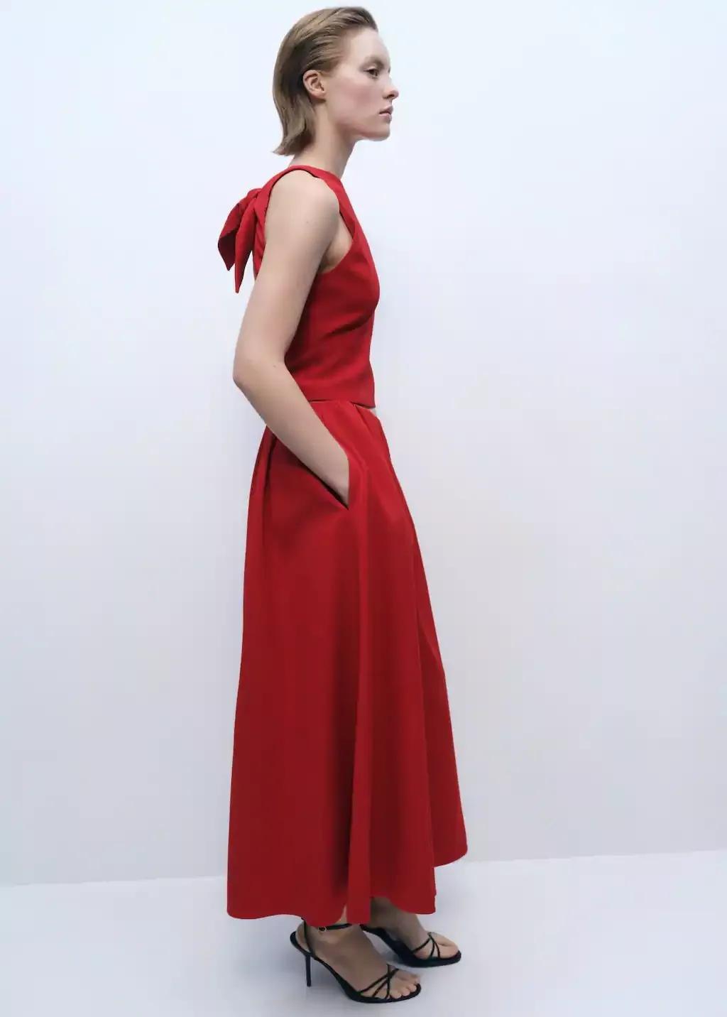 Red Long Skirt With Gathered Waist, , large image number 1
