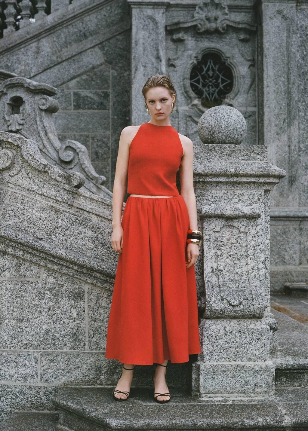 Red Long Skirt With Gathered Waist, , large image number 6