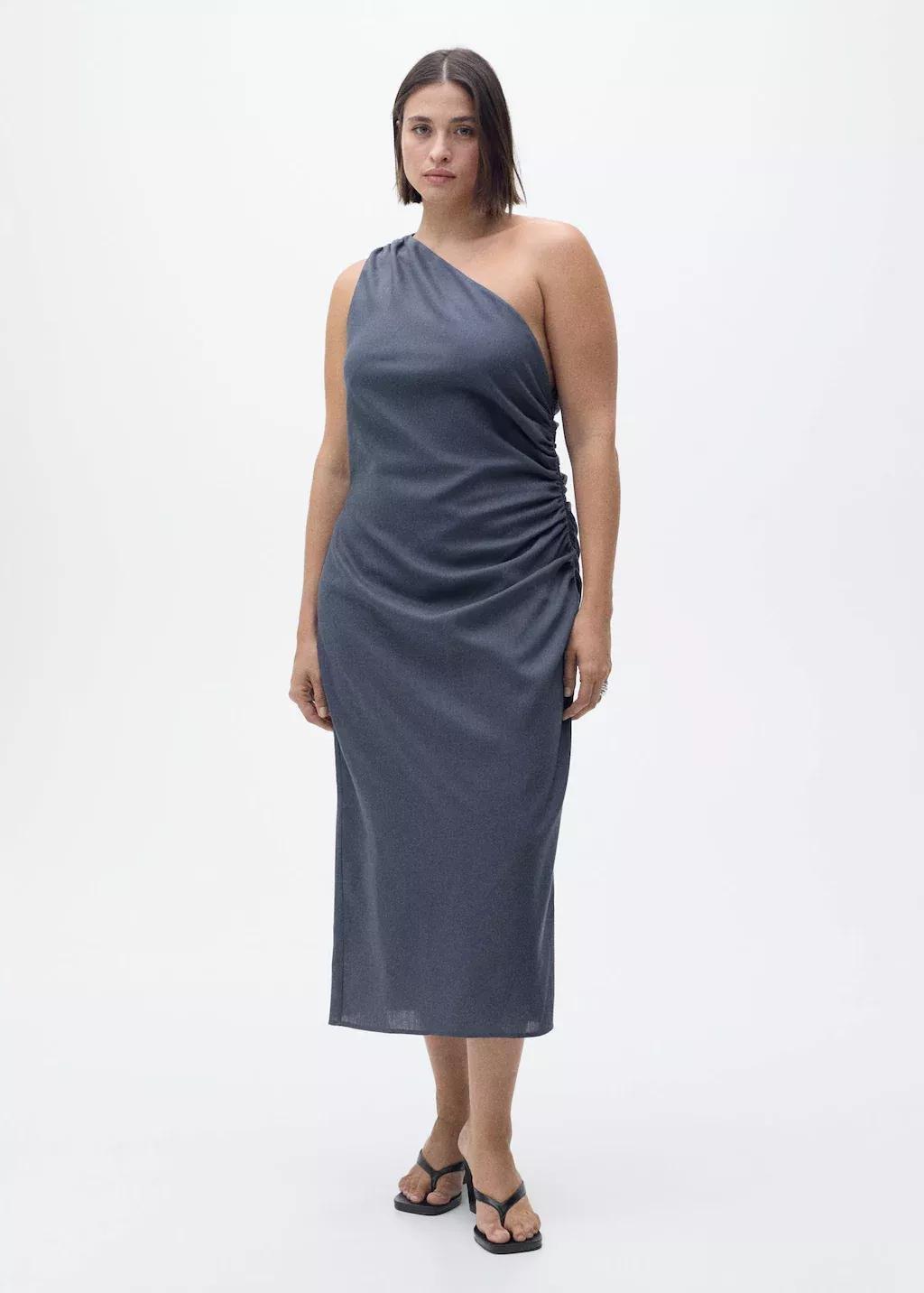 Blue Asymmetrical Dress With Gathered Details, , large image number 3