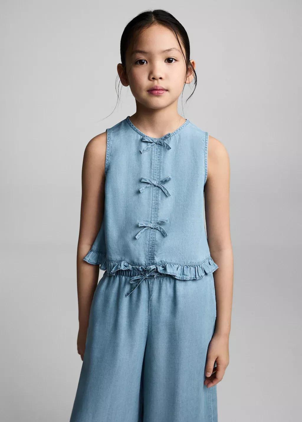 Blue Flowy Straight-Fit Trousers With Bow, Kids Girl, , medium