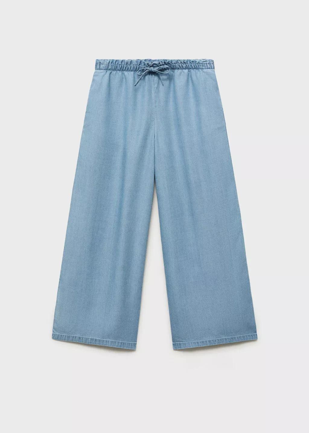 Blue Flowy Straight-Fit Trousers With Bow, Kids Girl, , large image number 3