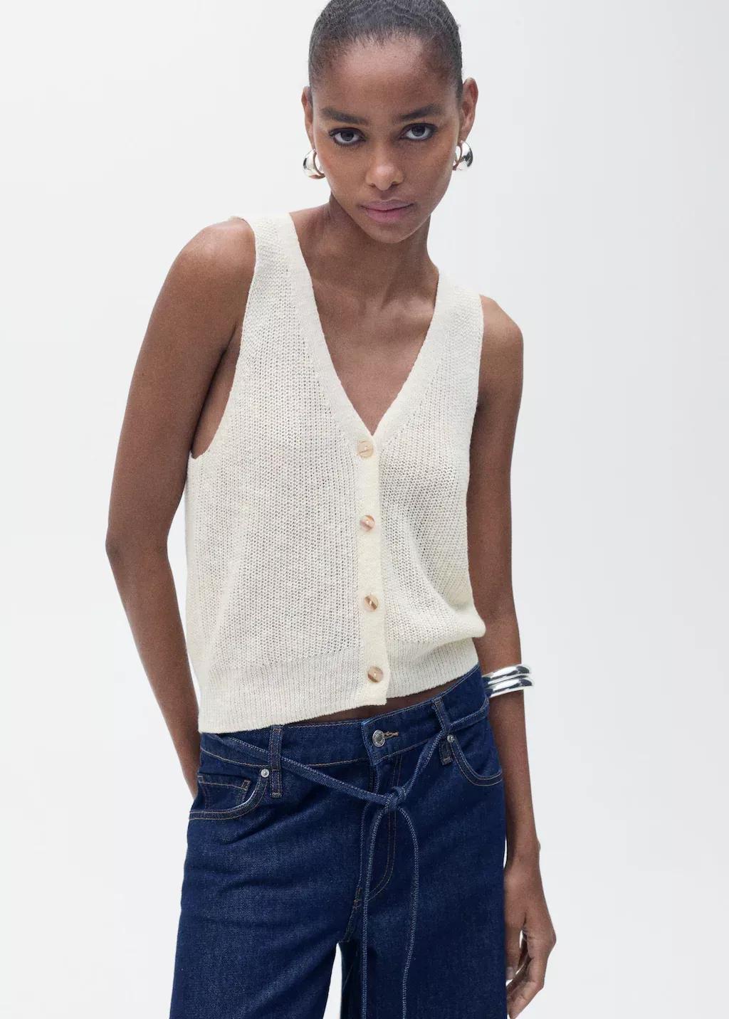 Beige Chunky-Knit Waistcoat With Buttons, , large image number 0