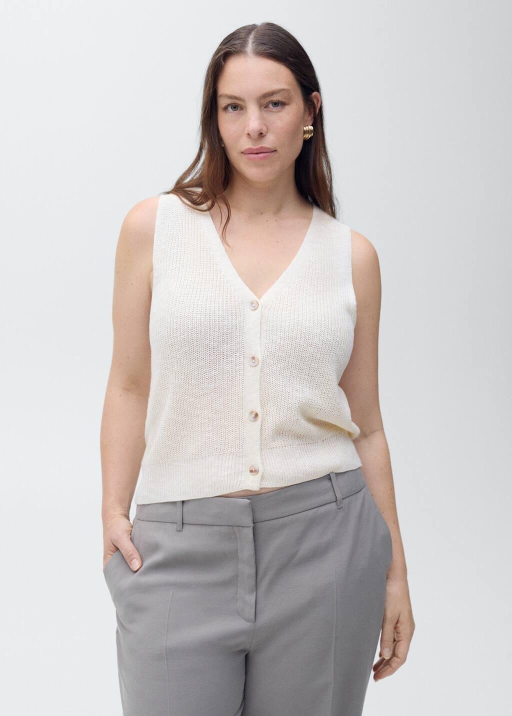Beige Chunky-Knit Waistcoat With Buttons, , large image number 6