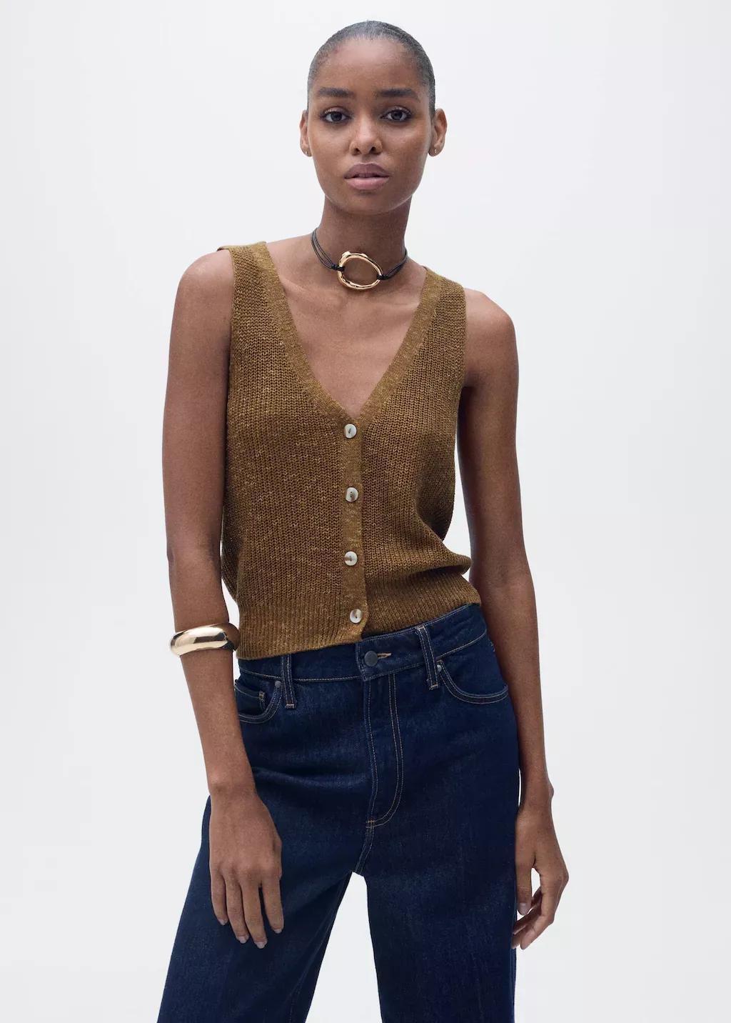 Brown Chunky-Knit Waistcoat With Buttons, , medium